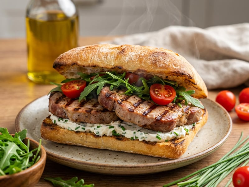 Grilled sous vide pork neck ciabatta with chive cream cheese