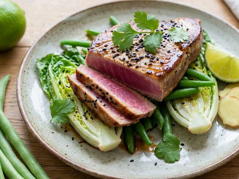 Szójában pácolt tonhalsteak ázsiai salátával