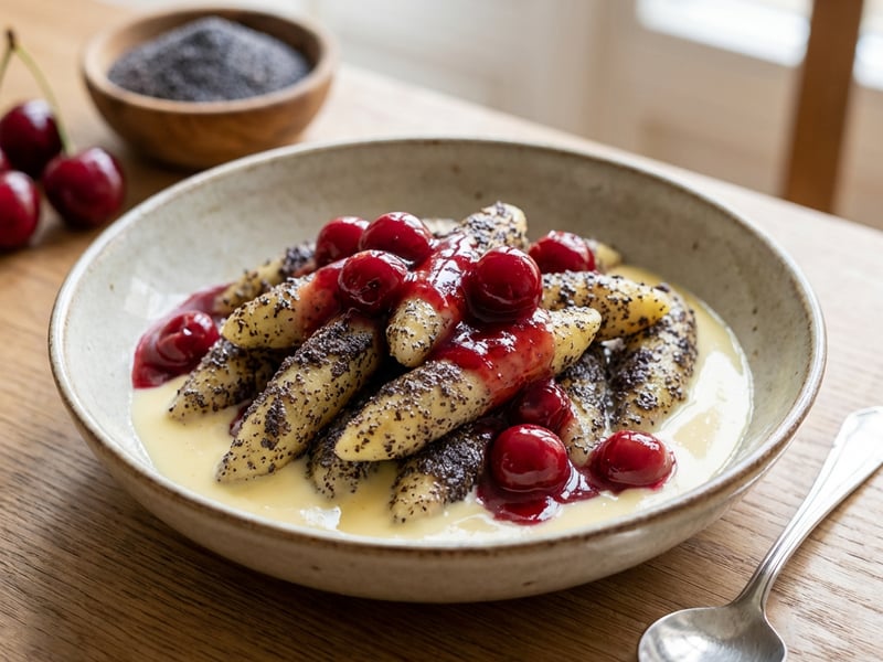 Cherry-Poppy Seed Nudli with Vanilla Custard