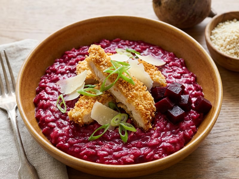 Céklarizottó, panko morzsában sült csirkemellel, parmezánnal