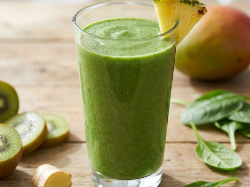 Green smoothie with mango, pineapple, and kiwi
