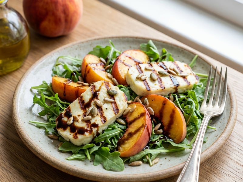 Salad with grilled halloumi cheese and peaches
