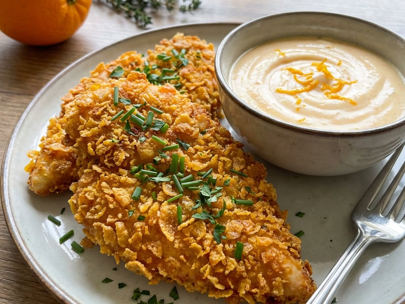 Gluten-free, cornflake-crusted fried meat with orange sauce