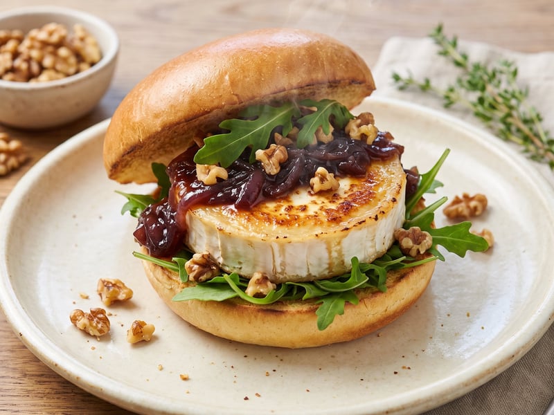 Grilled goat cheese burger with onion jam and toasted walnuts