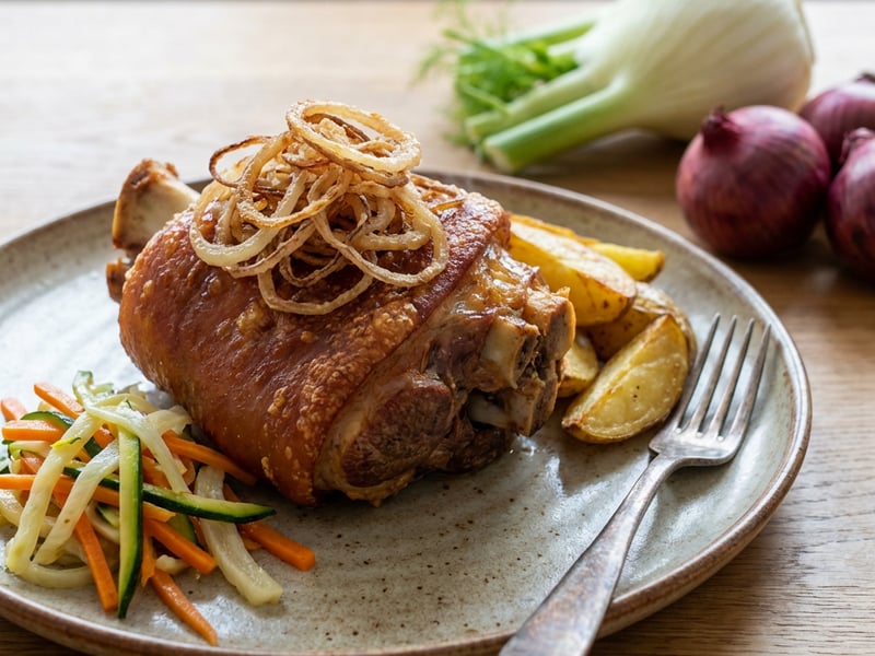 Le GourMate sous vide sertéscsülök, Lyoni hagymával, sült burgonyával, marinált zöldségekkel