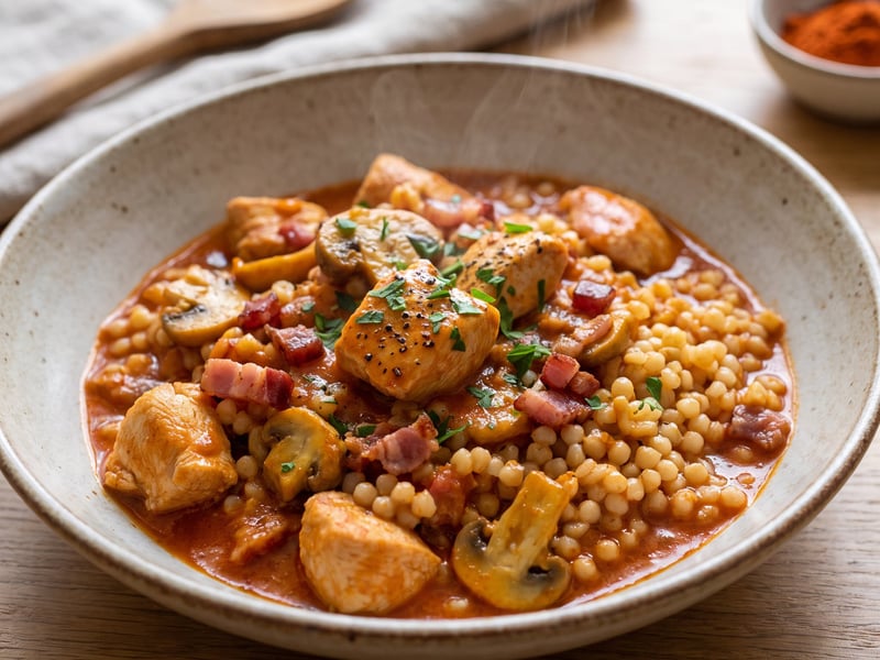 Chicken stew with roasted mushrooms and tarhonya
