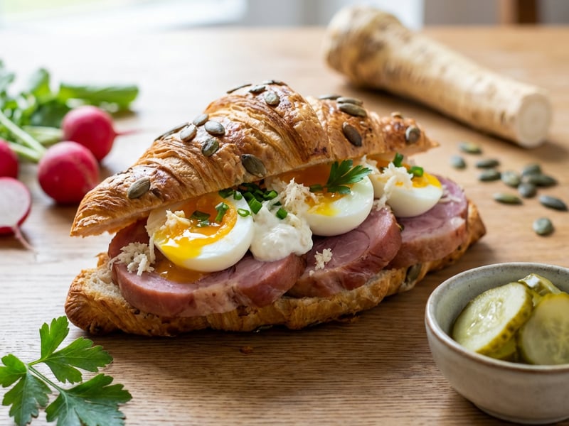 Easter breakfast with croissant, boiled-smoked pork hock, and horseradish