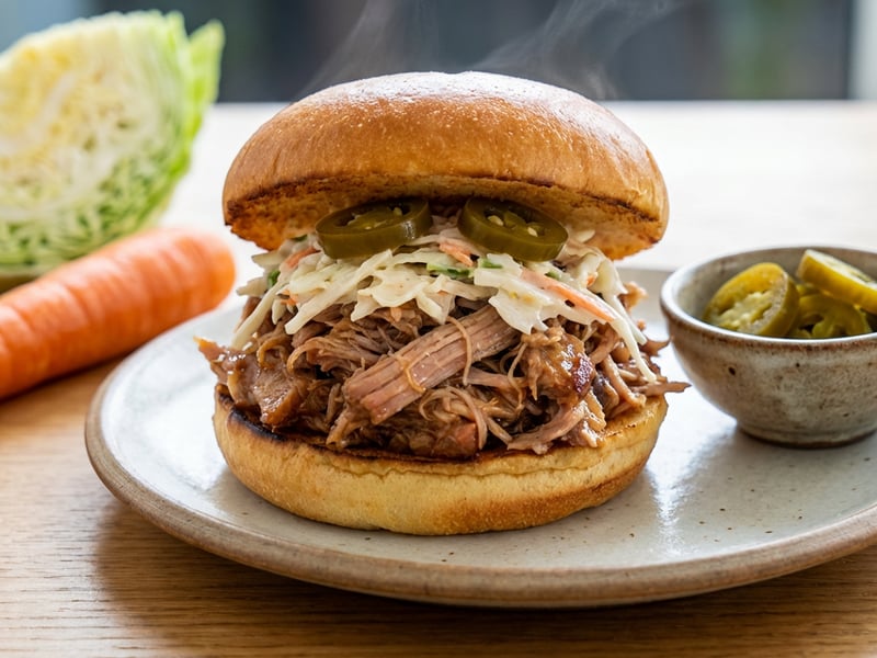 Quick pulled pork burger, made in a home oven