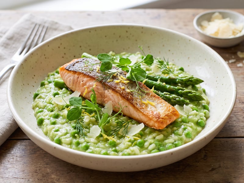 Green pea risotto with salmon and asparagus
