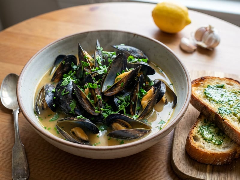 Wheat beer blue mussels with spiced baguette