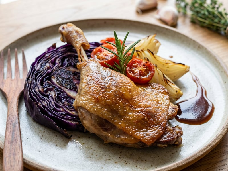 Confit Duck Leg with Cabbage Steak and Roasted Onion