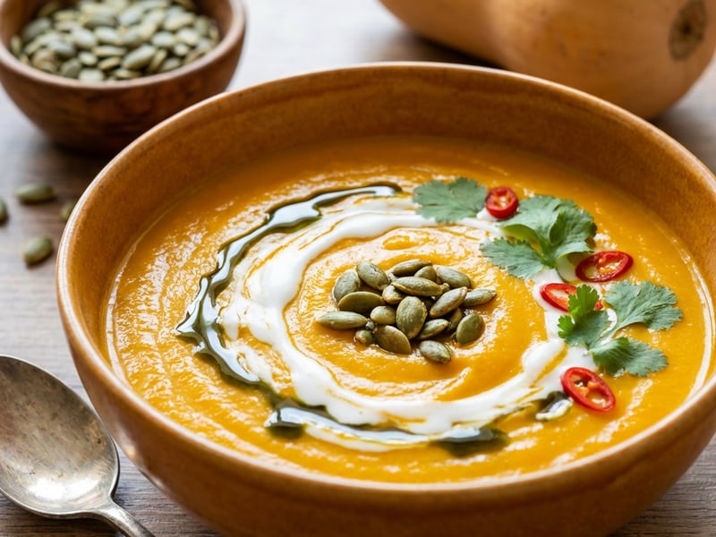 Vegan Coconut Pumpkin Cream Soup with Toasted Pumpkin Seeds