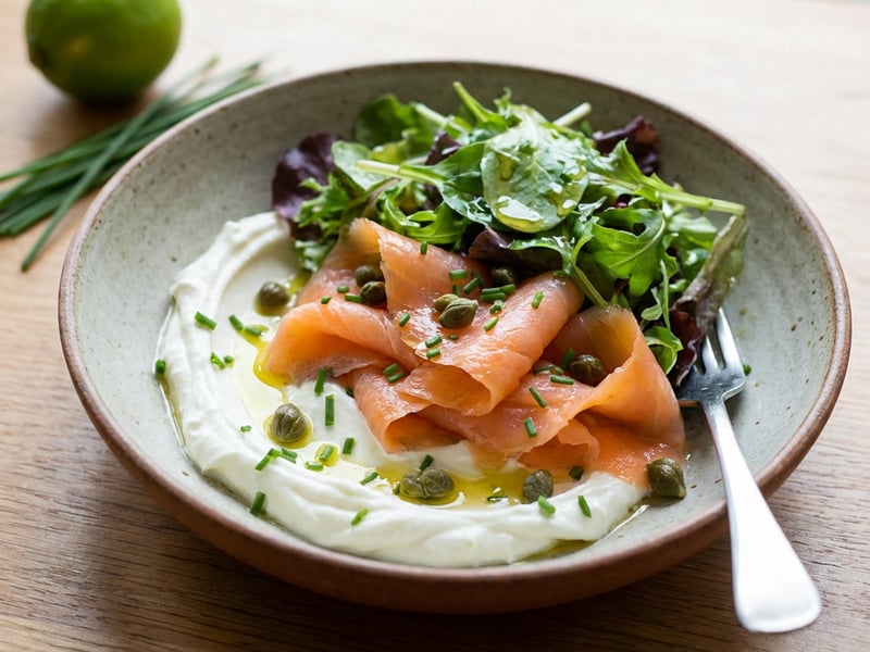 Smoked salmon salad, homemade labneh