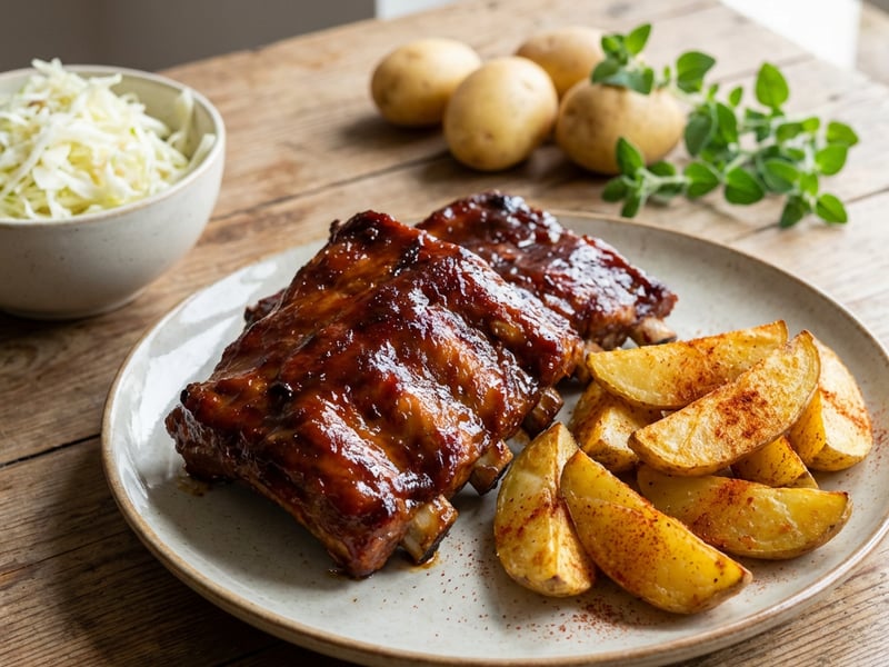 Sticky Ribs with Coleslaw and Steak Potatoes