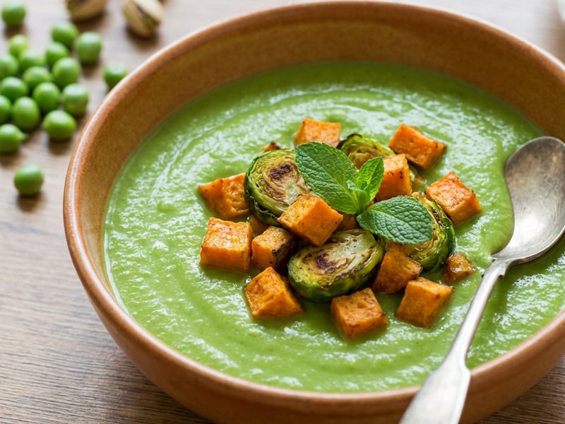 Minty Green Pea Cream Soup with Roasted Vegetables