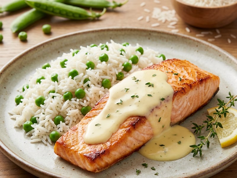 Grilled salmon with rice and peas and creamy lemon sauce
