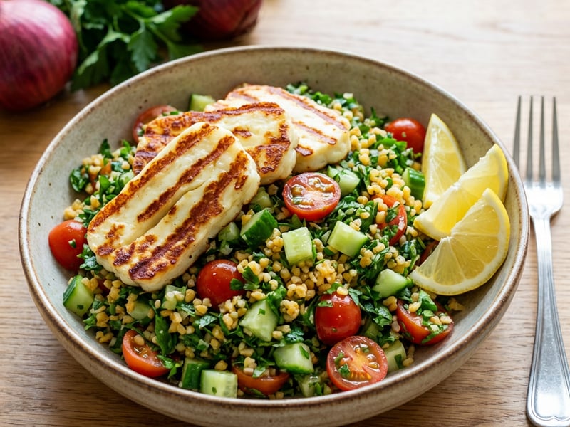 Grilled halloumi cheese with tabbouleh