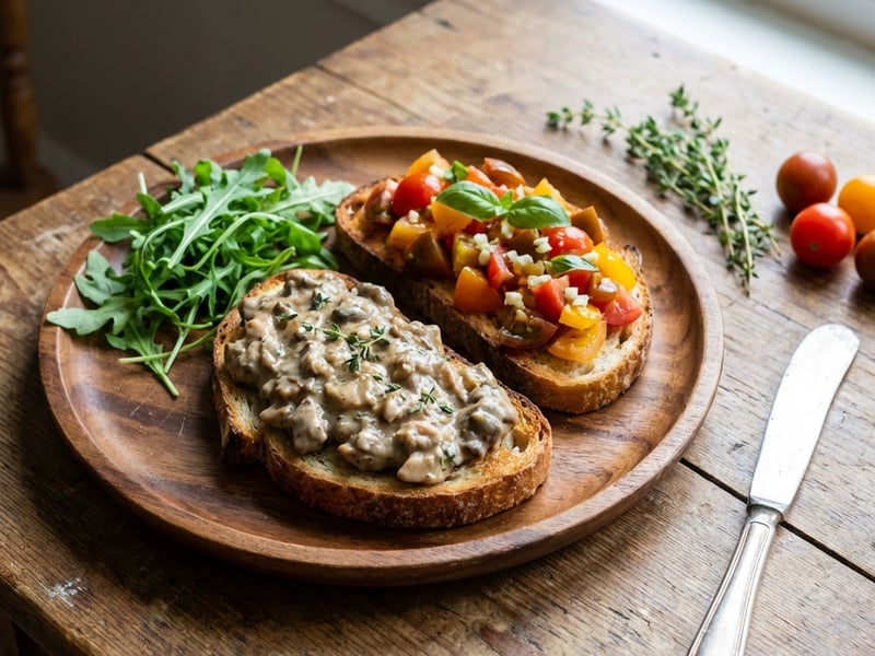 Porcini and tomato toasts with arugula