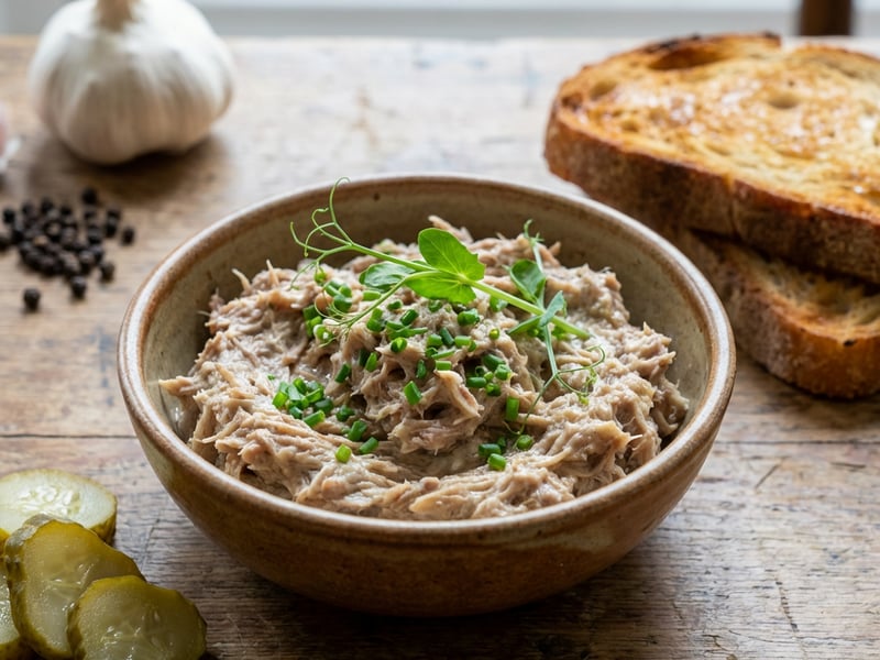 Rillette, with sourdough toast, and fermented pickles