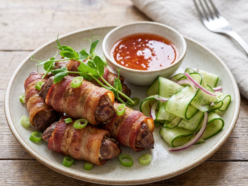 Bacon-wrapped chicken liver with sweet chili and marinated cucumber
