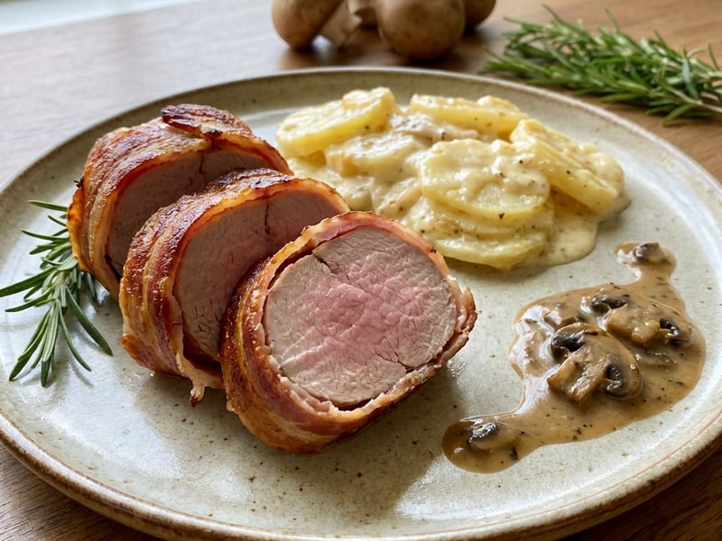 Pork tenderloin wrapped in bacon with layered potatoes