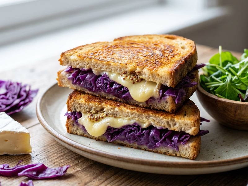Hot sandwich with braised red cabbage, Camembert cheese and Dijon mustard