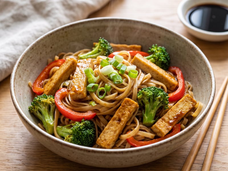 Stir-fried rice noodles with tofu and vegetables