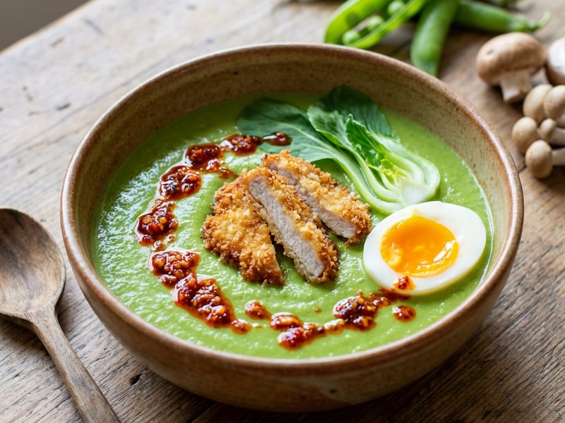 Creamy Pea Soup with Fried Pork and Crispy Chili Oil