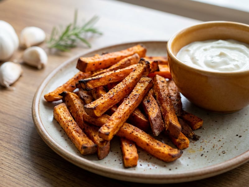 Crispy sweet potato fries with garlic dip