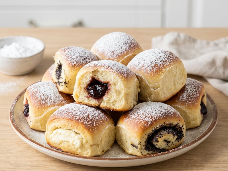 Homemade Bukta with three fillings (plum jam, cottage cheese, and poppy seed)
