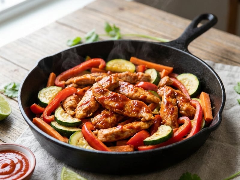 Spicy Turkey Strips with Sriracha Sauce and Vegetables