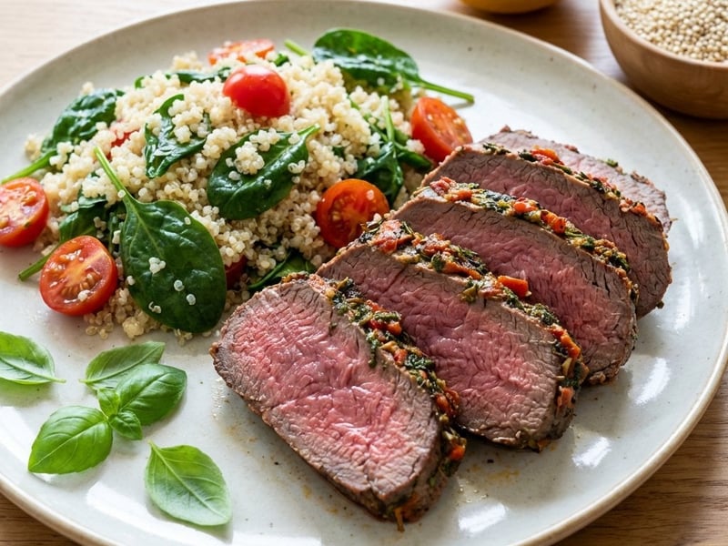 Marhasteak spenótos quinoával