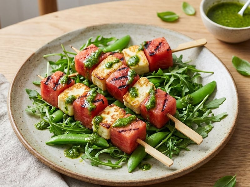 Grillezett dinnye Halloumi sajttal és cukorborsóval