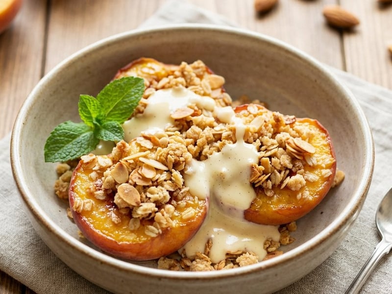 Peach with almond crumble and vanilla sauce