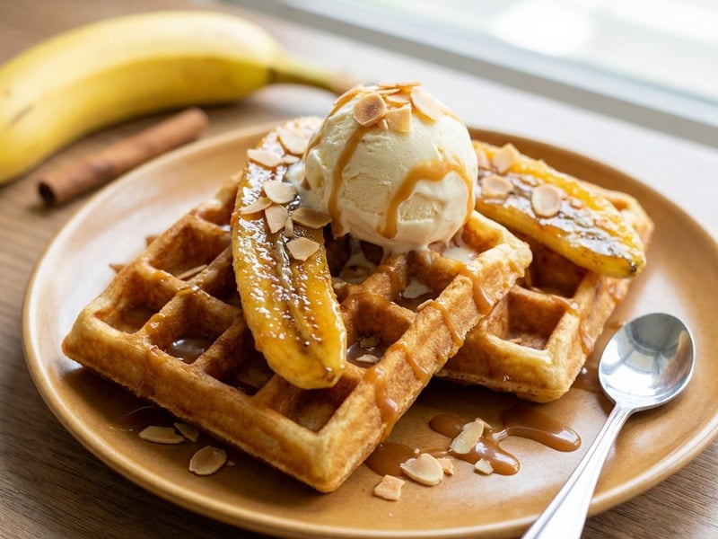 Waffles with caramelized bananas and vanilla ice cream