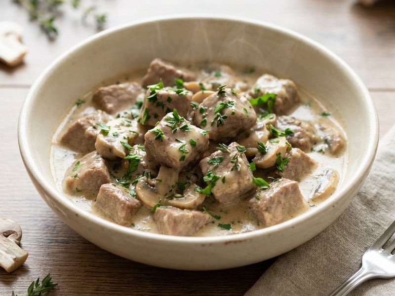 Veal with button mushrooms and creamy sauce