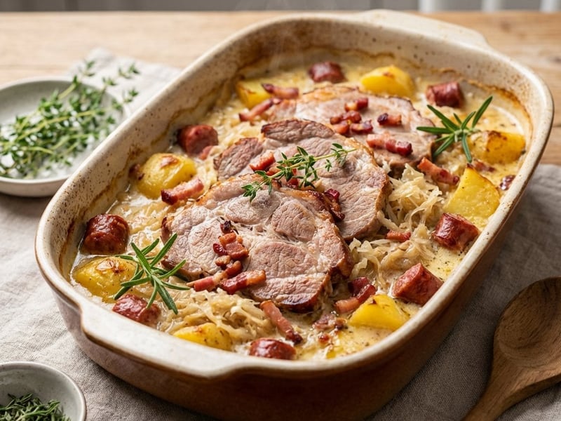 Roasted pork shoulder with cabbage and potatoes