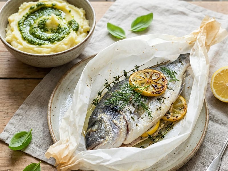 Gilt-head bream baked in parchment paper with mashed potatoes and basil pesto