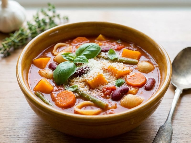 Minestrone leves sütőtökkel és zöldbabbal