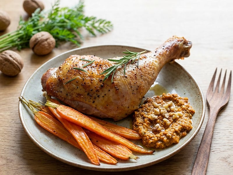 Roasted turkey thigh with carrots and carrot greens pesto