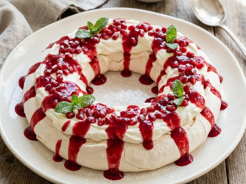 Pavlova Wreath with Pomegranate and Raspberry Sauce