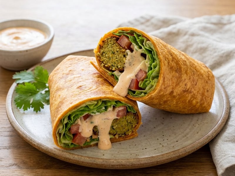 Falafel tortillában chili-lime majonézzel