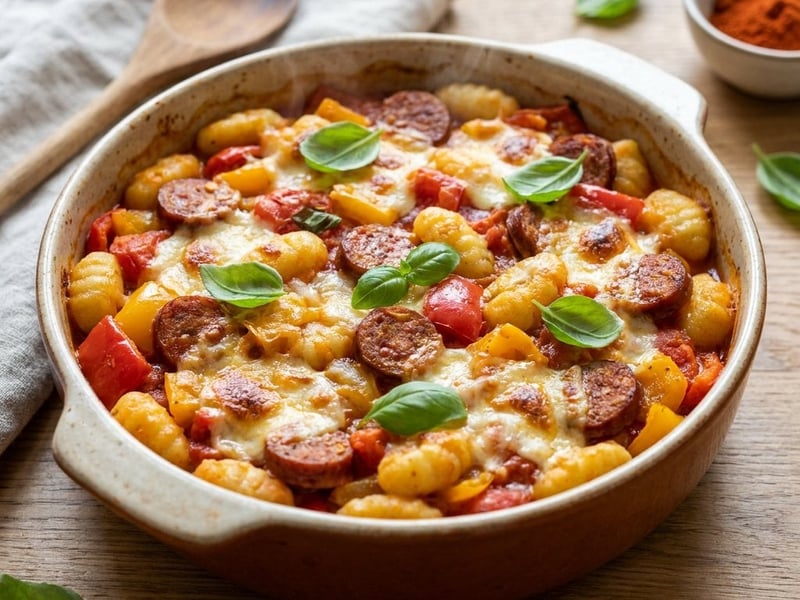 Sült lecsós gnocchi kolbásszal és mozzarellával
