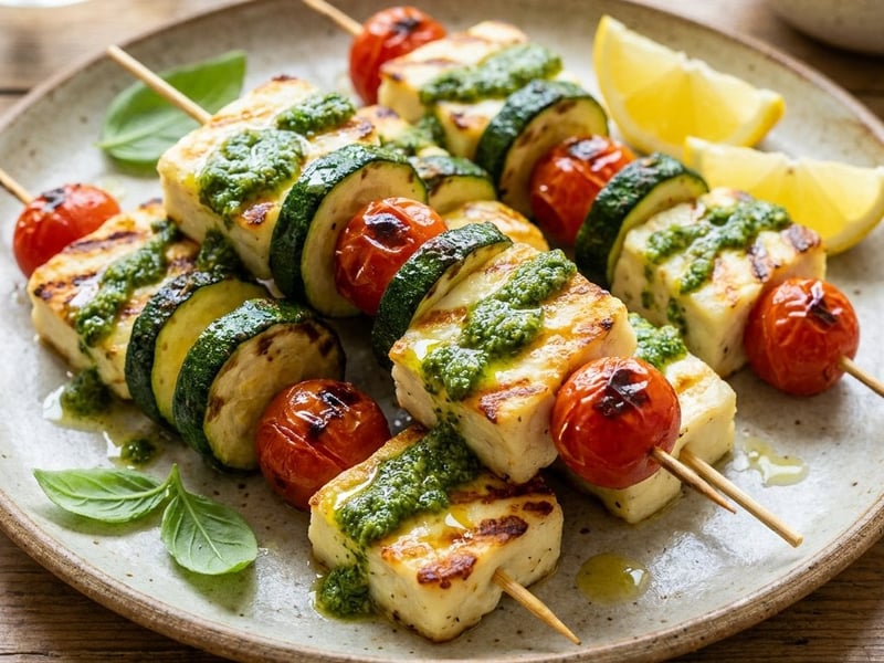 Grillezett halloumi nyársak pesztóval | Gyors nyári vacsora