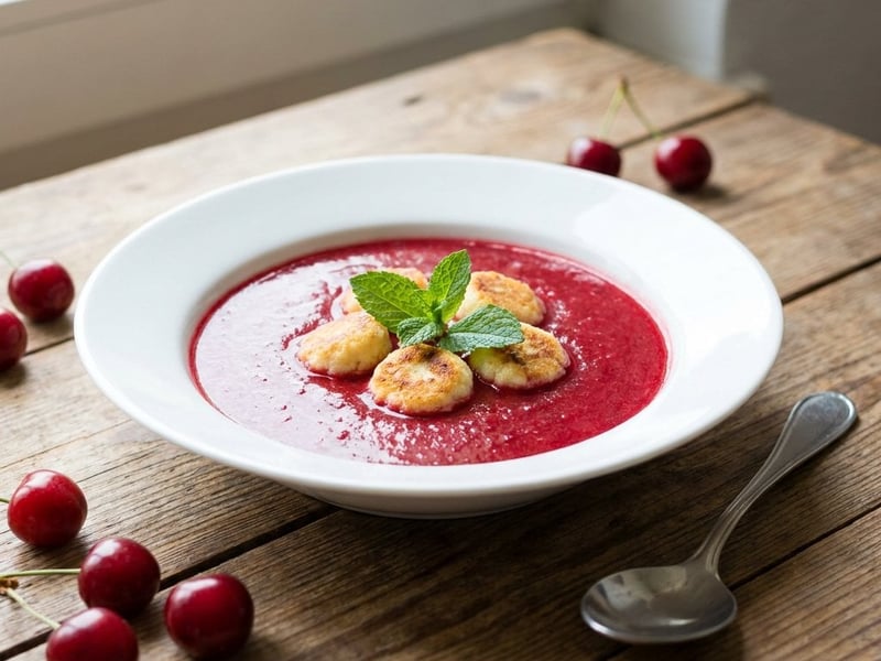 Cold sour cherry soup with mini cottage cheese dumplings | Cooling summer dessert