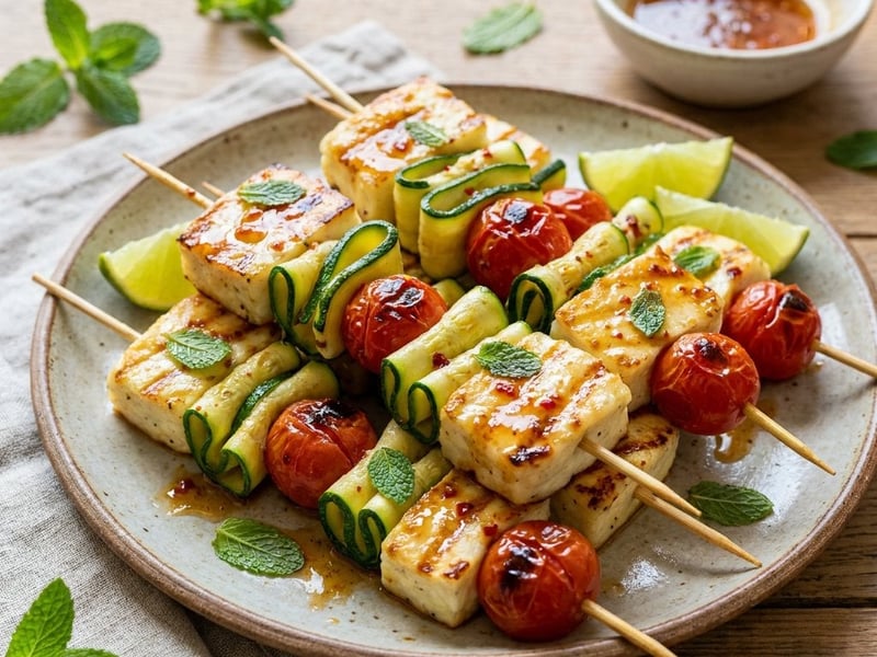 Grillezett halloumi nyárs | Mézes-chilis cukkini szalagokkal