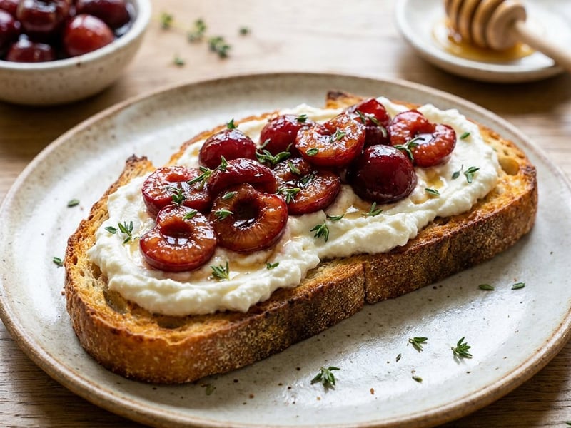 Whipped feta toast with roasted cherries | Special summer breakfast