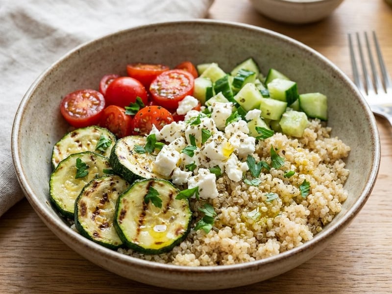 Mediterrán quinoa tál fetával és grillezett zöldségekkel