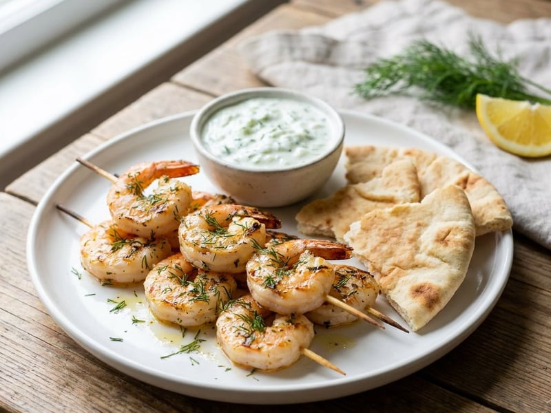 Lemon-garlic shrimp skewers with homemade tzatziki