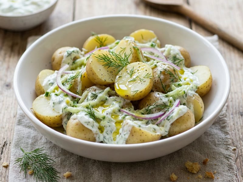 Görög újkrumpli saláta tzatziki öntettel | Friss nyári köret